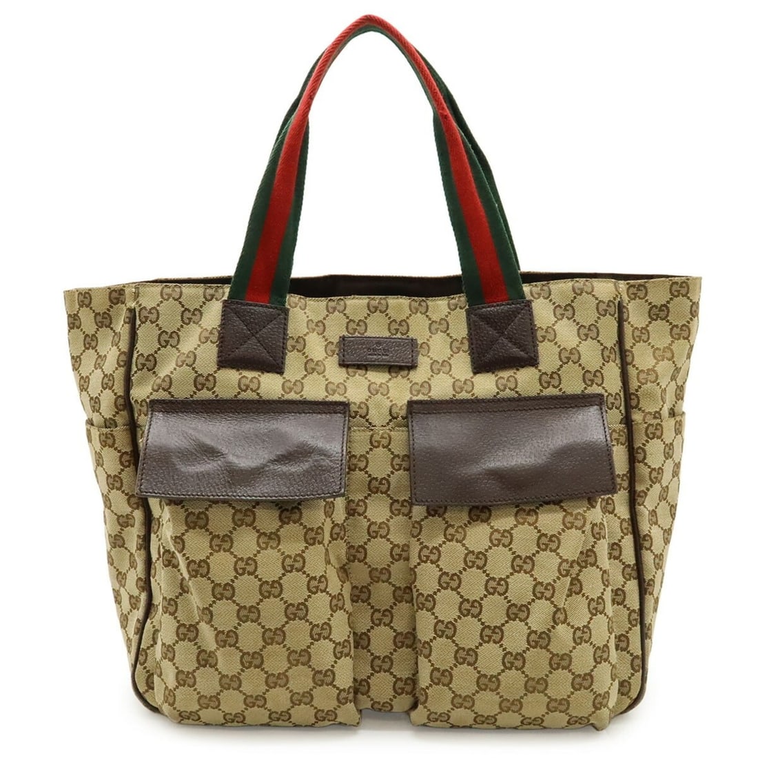 GUCCI GG Canvas Sherry Line Tote Bag, Large Shoulder Leather, Khaki Beige, Dark Brown, 161836 (1 of 10)