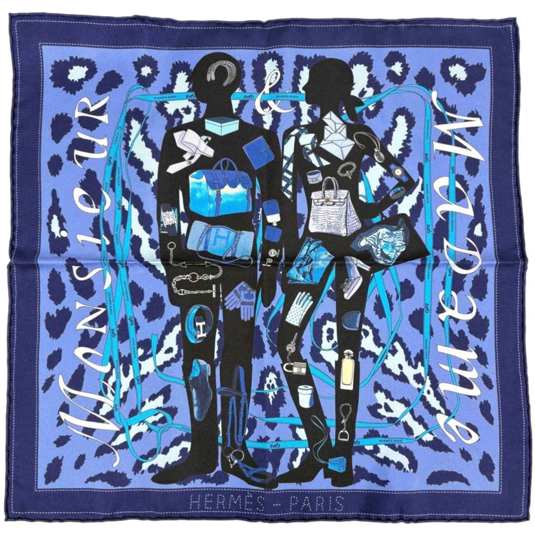 Hermes Hermès Petit Carré Monsieur et Madame Gavroche Silk Scarf in Navy Blue for Women: --- Catalog ---Category: SizeSize (LxW): 42cm x 41cm / 16.53'' x 16.14''Category: DesignType: ScarfColor: Blue, NavyGender: WomenMaterial: Silk Category: GeneralBrand: Hermes--- Item List ---Section: