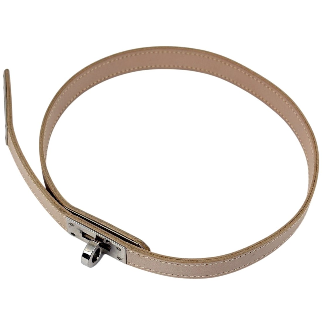 Hermes Hermès Kelly Choker Necklace in Leather, Metal, Beige, and Silver for Women: --- Catalog ---Category: SizeNeck Circumference: 53 cm / 20.86''Category: DesignColor: Beige, SilverGender: WomenMaterial: Leather, MetalNecklace Type: ChokerCategory: GeneralBrand: Hermes--- Item Lis