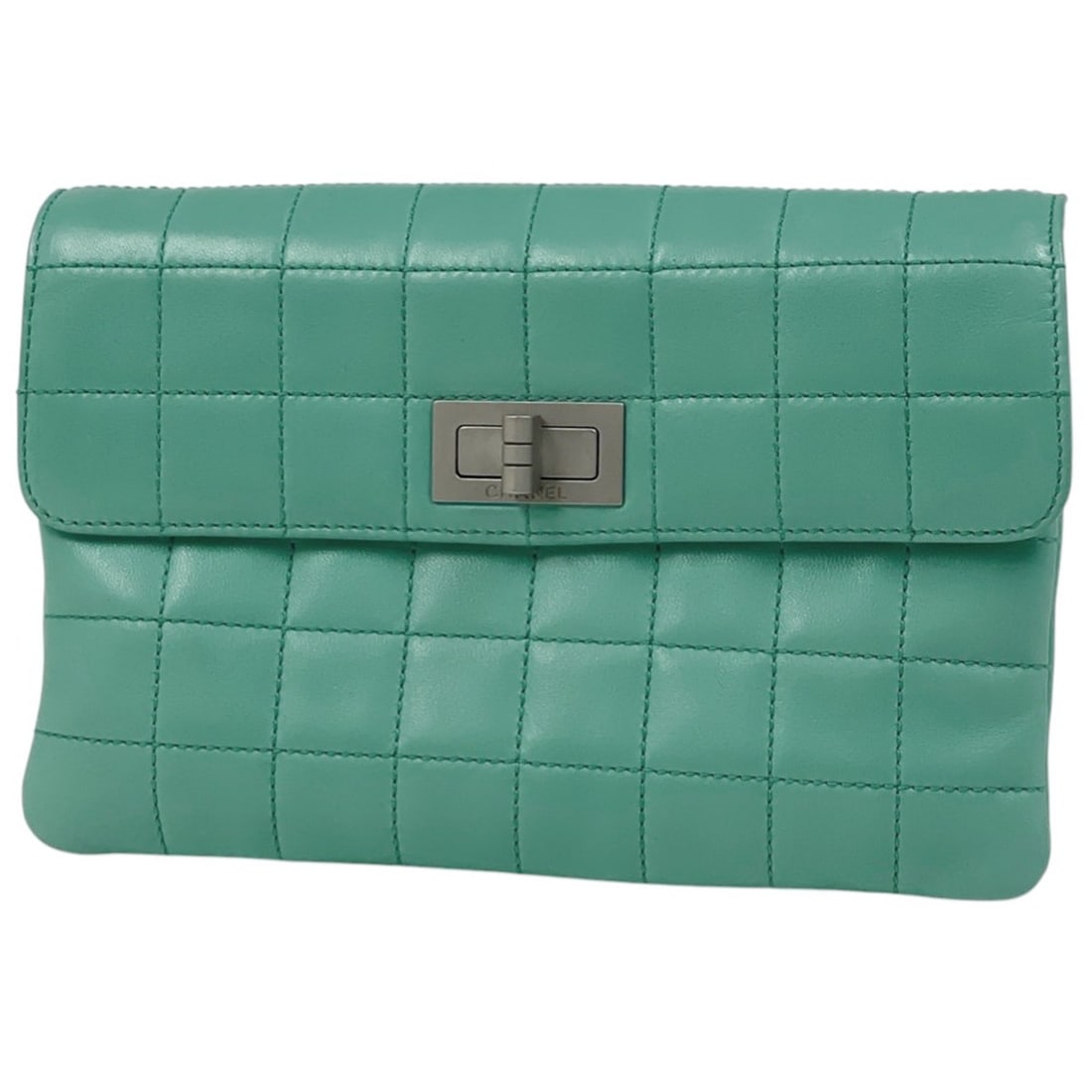 CHANEL 2.55 Line Clutch Bag, Chocobar, Second Leather, Mint Green, Women's: --- Catalog ---Category: SizeSize (HxWxD): 14cm x 20cm x 4cm / 5.51'' x 7.87'' x 1.57''Category: DesignType: Clutch bagColor: GreenGender: WomenMaterial: Leather Category: GeneralLine: 2.55Brand: Chan