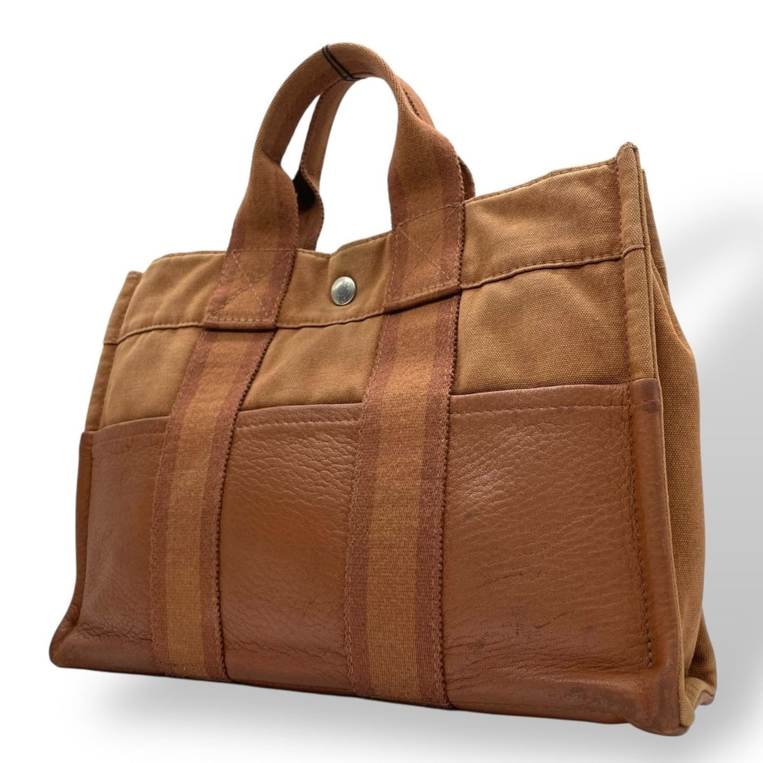 HERMES Fourre-Tout Tote Bag, Canvas and Leather Handbag, Brown, Silver Hardware, Women's, B2 Size (1 of 20)