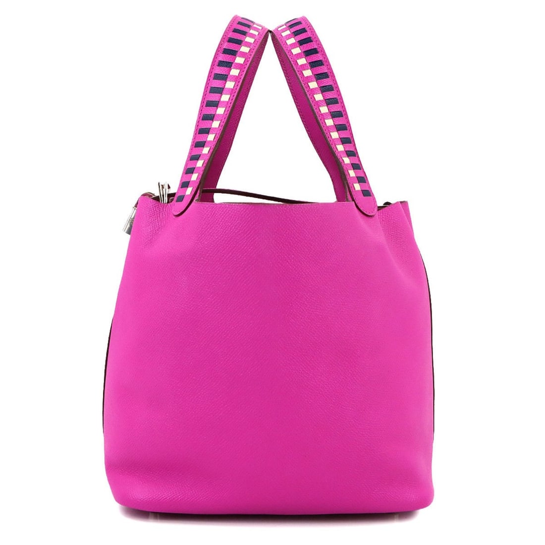 Hermes Picotin Lock MM Tressage Handbag, Epsom leather, Magnolia Blue Saphir, Craie, C stamp, Silver: --- Catalog ---Category: SizeSize (HxWxD): 22cm x 22cm x 17.5cm / 8.66'' x 8.66'' x 6.88''Category: DesignType: HandbagColor: Bleu Saphir, PinkGender: WomenMaterial: Epsom leather Category: GeneralBra