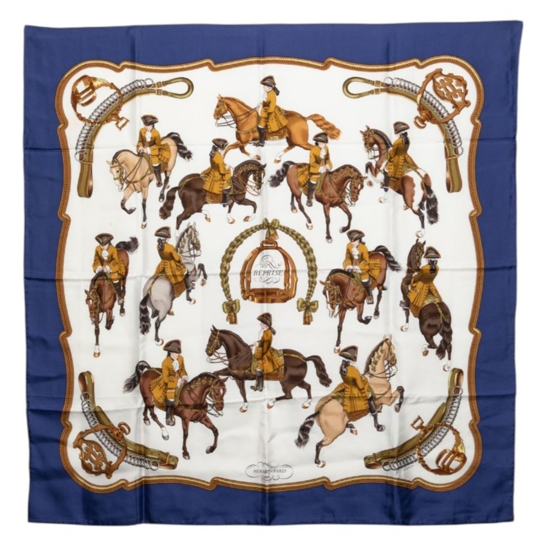 Hermes Carre 90 REPRISE Equestrian Scene Scarf/Muffler, Blue Multicolor Silk, Women's: --- Catalog ---Category: SizeSize (LxW): 89.5cm x 88cm / 35.23'' x 34.64''Category: DesignType: ScarfColor: Blue, Multi-colorGender: WomenMaterial: Silk Category: GeneralBrand: Hermes--- Item List ---