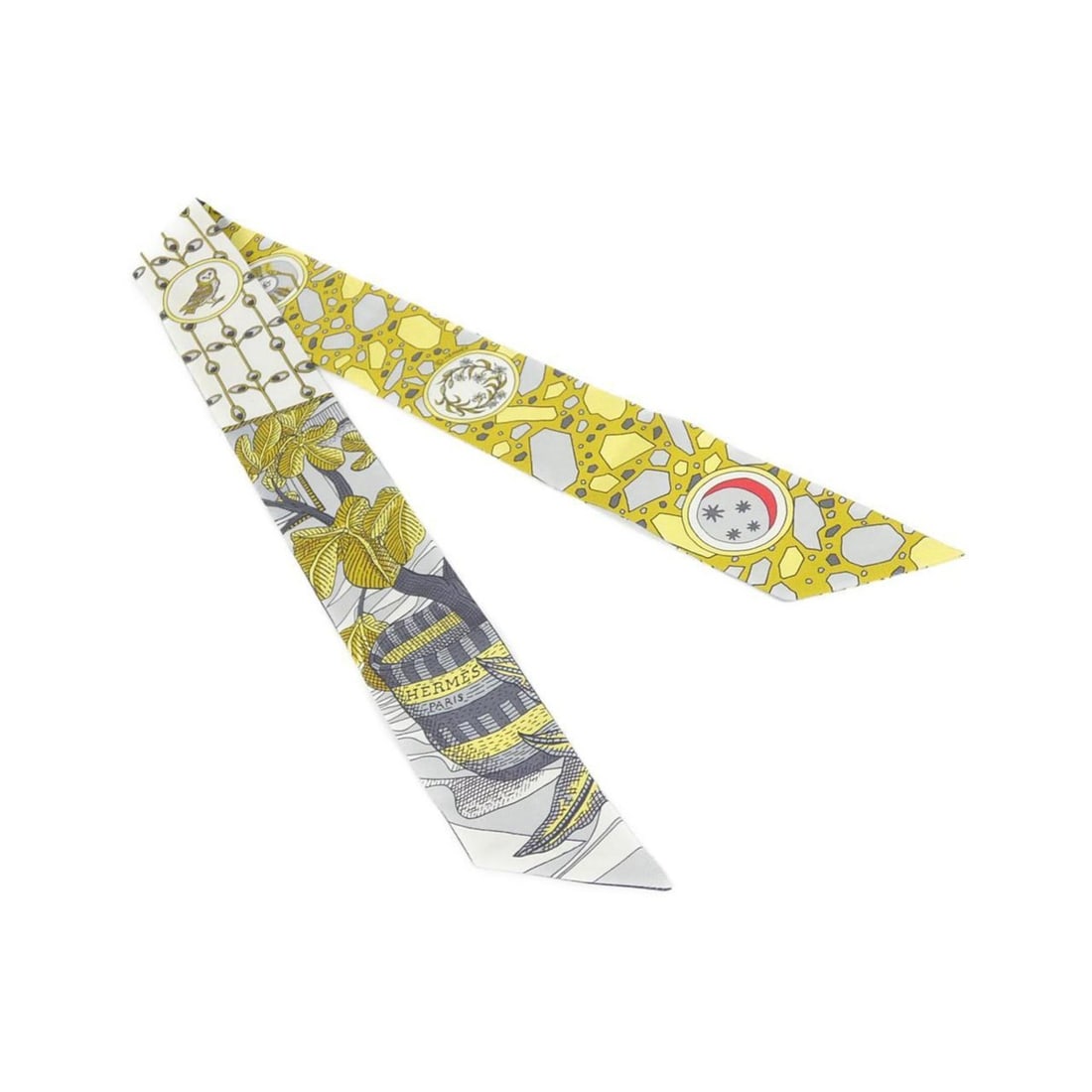 Hermes LA DANSE DES AMAZONES Twilly 063593S Scarf Muffler: --- Catalog ---Category: SizeSize (LxW): 5cm x 86cm / 1.96'' x 33.85''Category: DesignType: ScarfColor: Gold, White, YellowGender: Men,WomenMaterial: Silk Category: GeneralMPN: 063593SBrand: