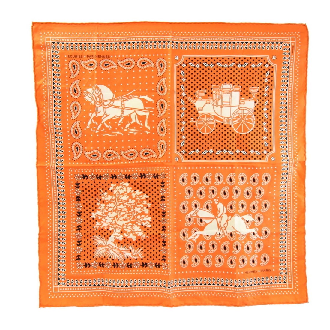Hermes Scarf Muffler Carre 55 ECURIES PARISENNES (Parisian Stables) Orange 100% Silk Bandana Mini: --- Catalog ---Category: SizeSize (LxW): 55cm x 53cm / 21.65'' x 20.86''Category: DesignType: ScarfColor: OrangeGender: WomenMaterial: Silk Category: GeneralBrand: HermesCountry of Origin: France--- I
