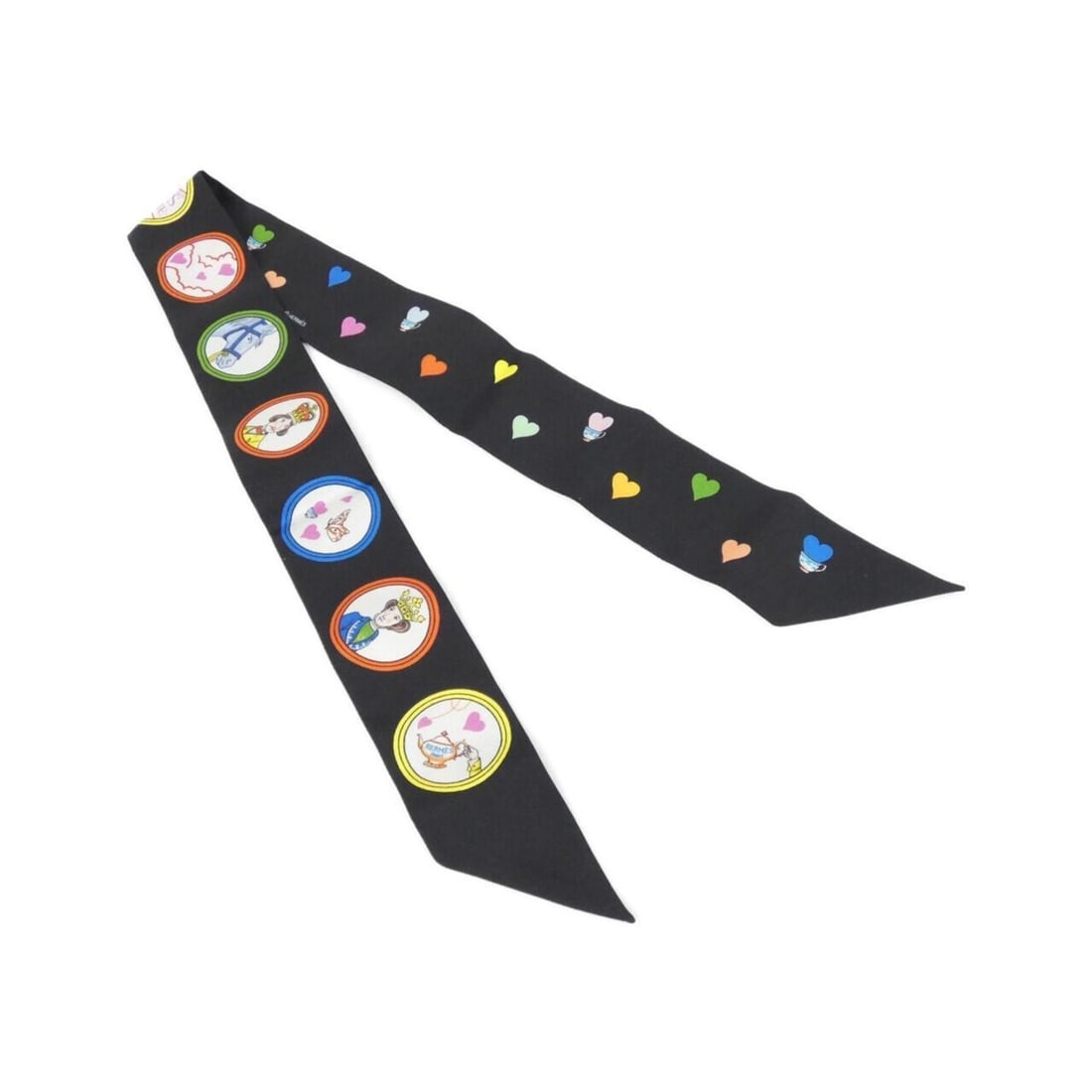 Hermes Tea Time Twilly 063782S Scarf/Muffler: --- Catalog ---Category: SizeSize (LxW): 86cm x 5cm / 33.85'' x 1.96''Category: DesignType: ScarfColor: Black, Multi-colorGender: WomenMaterial: Silk Category: GeneralLine: TwillyBrand: Hermes---