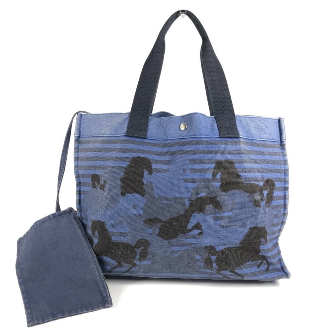 HERMES Hermes Horse Cheval Handbag with Pouch Bag Tote Shoulder Cotton Men's Women's Blue: --- Catalog ---Category: SizeSize (HxWxD): 34.5cm x 46cm x 16cm / 13.58'' x 18.11'' x 6.29''Category: DesignType: Handbag, Pouch, Shoulder bag, Tote bagColor: Black, BlueGender: Men,WomenMaterial: Cot