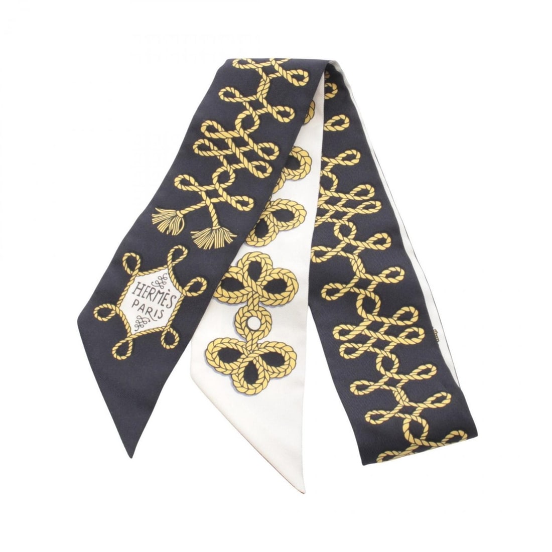 Hermes Twilly Galons et Brandebourgs Scarf Muffler Clothing Silk Women's Black White Yellow: --- Catalog ---Category: SizeSize (LxW): 85cm x 5cm / 33.46'' x 1.96''Category: DesignType: ScarfColor: Black, White, YellowGender: WomenMaterial: Silk Category: GeneralBrand: Hermes--- Item List ---S