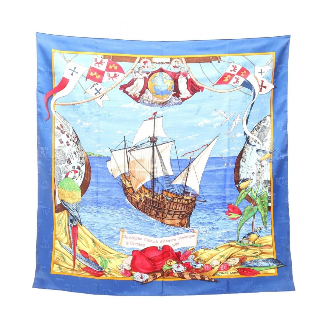 Hermes Carre 90 Christophe Colomb dcouvre l'Amrique 12 Octobre 1492 Scarf Muffler Clothing Silk: --- Catalog ---Category: SizeSize (LxW): 89cm x 89cm / 35.03'' x 35.03''Category: DesignType: ScarfColor: Blue, Multi-colorGender: WomenMaterial: Silk Category: GeneralBrand: Hermes--- Item List ---Se