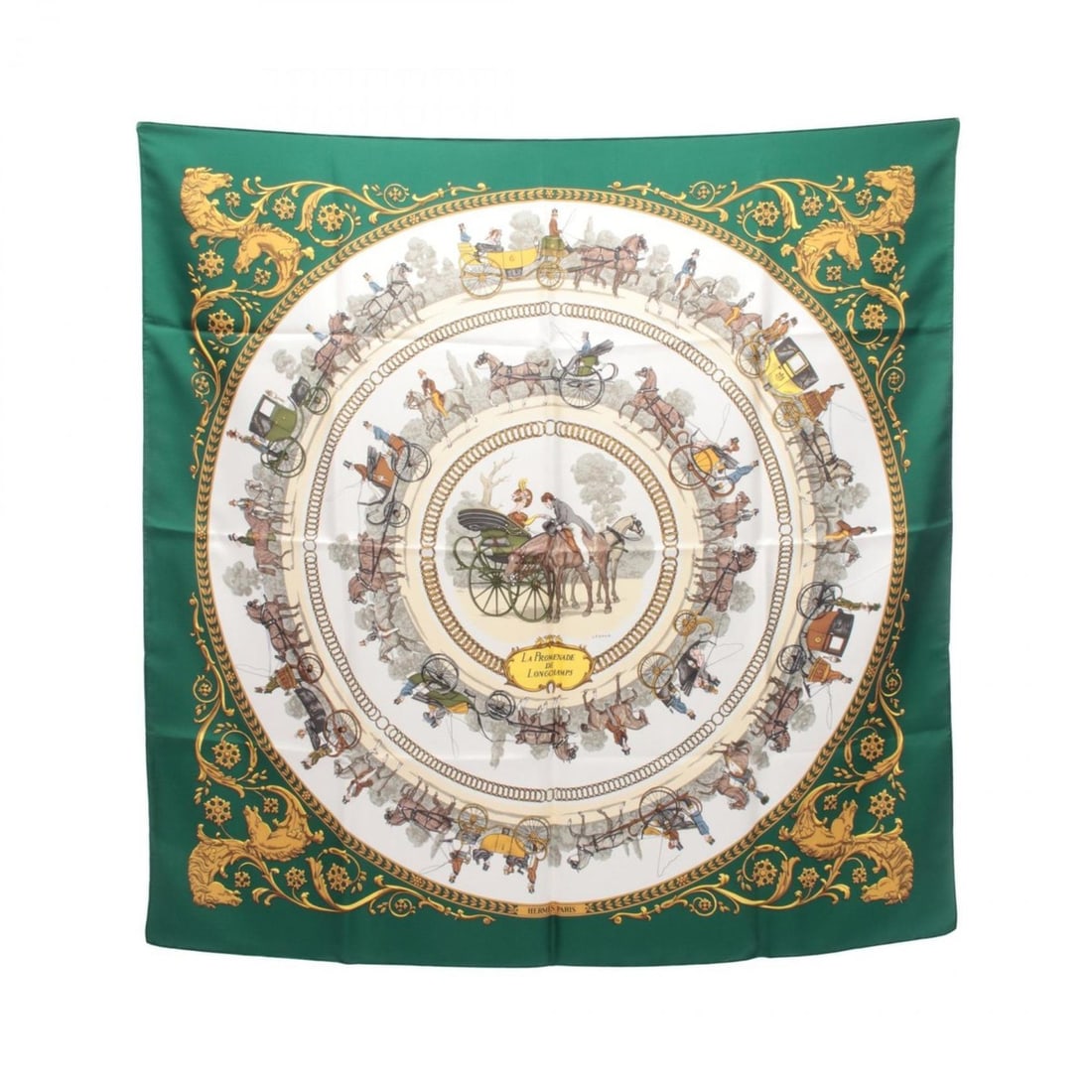Hermes Carre 90 LA PROMENADE DE LONGCHAMPS Scarf/Muffler, Silk, Women's, Green/Gold Multicolor: --- Catalog ---Category: SizeSize (LxW): 89cm x 89cm / 35.03'' x 35.03''Category: DesignType: ScarfColor: Gold, Green, Multi-colorGender: WomenMaterial: Silk Category: GeneralBrand: Hermes--- Item