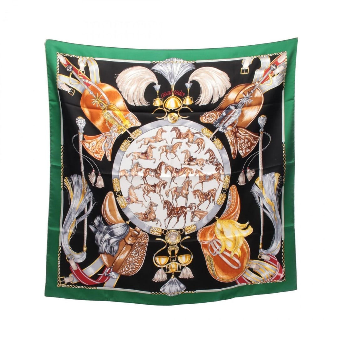 Hermes Carre 90 CAVAL CADES Scarf Muffler Clothing Silk Women's Green Black Multicolor: --- Catalog ---Category: SizeSize (LxW): 89cm x 89cm / 35.03'' x 35.03''Category: DesignType: ScarfColor: Black, Green, Multi-colorGender: WomenMaterial: Silk Category: GeneralBrand: Hermes--- Item