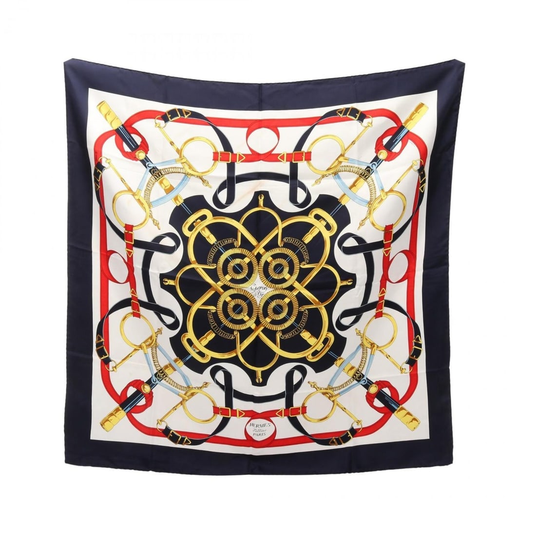 Hermes Carre 90 Eperon d'Or Scarf/Muffler, Silk, Women's, Navy/White/Multicolor: --- Catalog ---Category: SizeSize (LxW): 89cm x 89cm / 35.03'' x 35.03''Category: DesignType: ScarfColor: Multi-color, Navy, WhiteGender: WomenMaterial: Silk Category: GeneralBrand: HermesCountry of