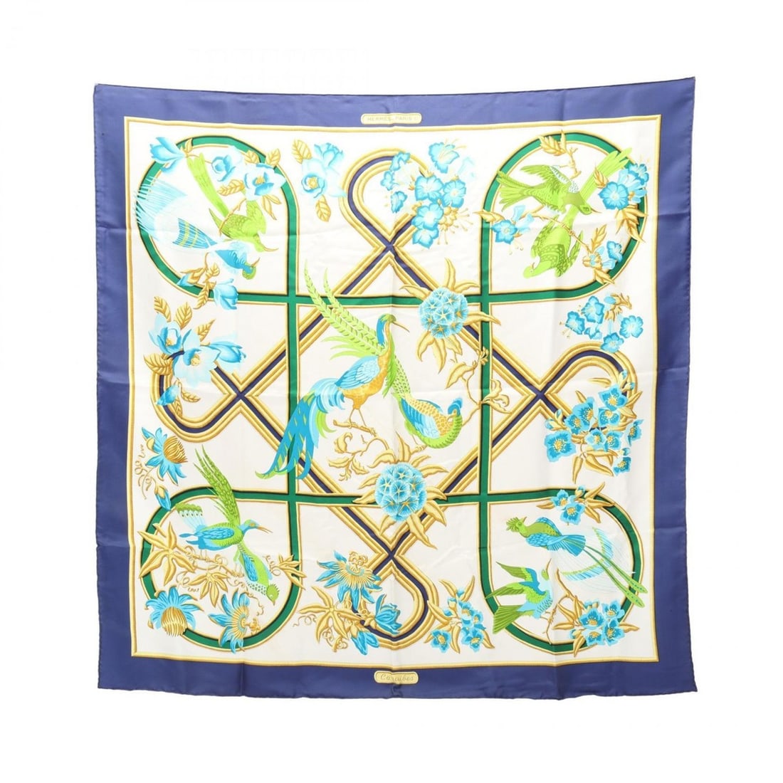 Hermes Carre 90 Caraibes Scarf/Muffler, Silk, Women's, Navy/Green/Multicolor: --- Catalog ---Category: SizeSize (LxW): 89cm x 89cm / 35.03'' x 35.03''Category: DesignType: ScarfColor: Green, Multi-color, NavyGender: WomenMaterial: Silk Category: GeneralBrand: HermesCountry of