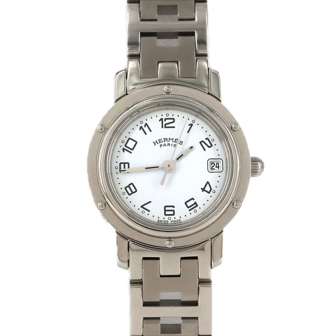 Hermes Clipper CL4.210 SS Quartz Watch: --- Catalog ---Category: SizeWrist Size: 16.5cm / 6.49''Case Diameter: 24mm / 0.94''Category: DesignType: WristwatchGender: WomenColor (Dial): WhiteMaterial (Band): Stainless steelMaterial (Case): Sta