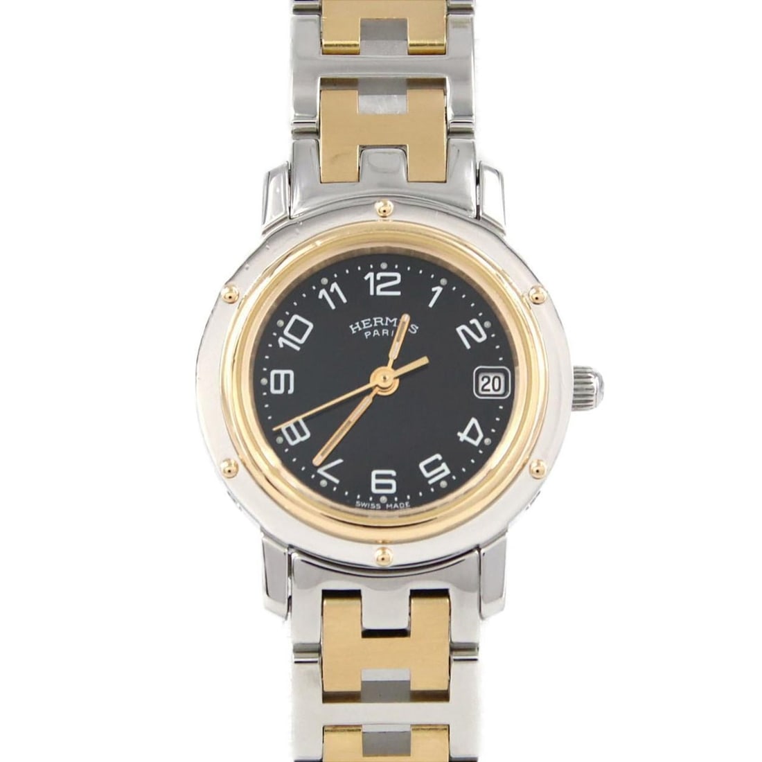 Hermes Clipper Combination CL4.220 SSxGP Quartz Watch: --- Catalog ---Category: SizeWrist Size: 15.5cm / 6.1''Case Diameter: 24mm / 0.94''Category: DesignType: WristwatchGender: WomenColor (Dial): BlackMaterial (Band): Gold plated, Stainless steelMaterial