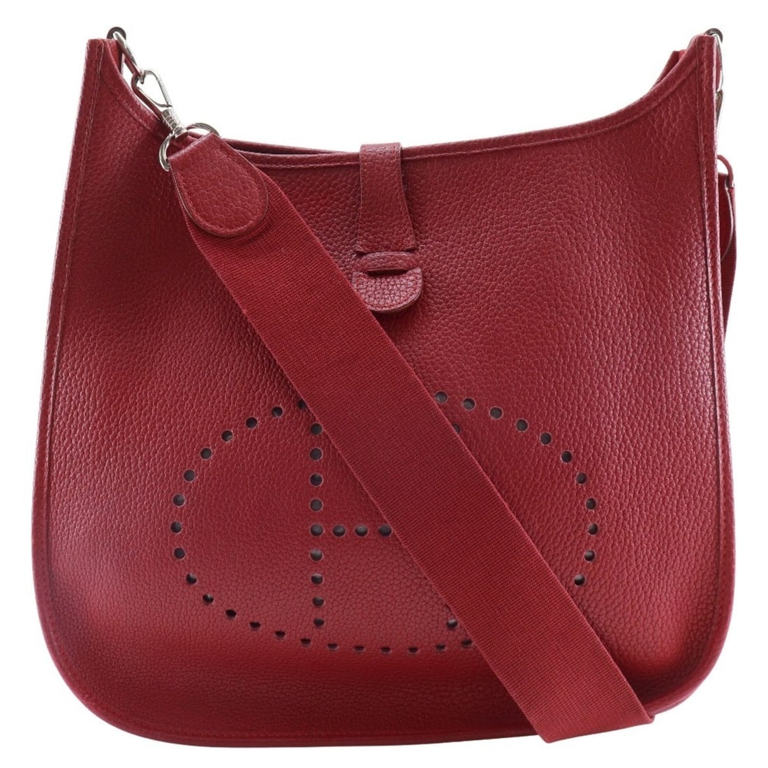 Hermes Evelyne 1GM Shoulder Bag, Taurillon Clemence Leather, 1999, Red, ?C, A5 size, Snap Button,: --- Catalog ---Category: SizeWeight: 680g / 1.49lb.Strap Drop: 43cm / 16.92''Size (HxWxD): 30cm x 32cm x 8cm / 11.81'' x 12.59'' x 3.14''Category: DesignType: Shoulder bagColor: Red colorGender: Women