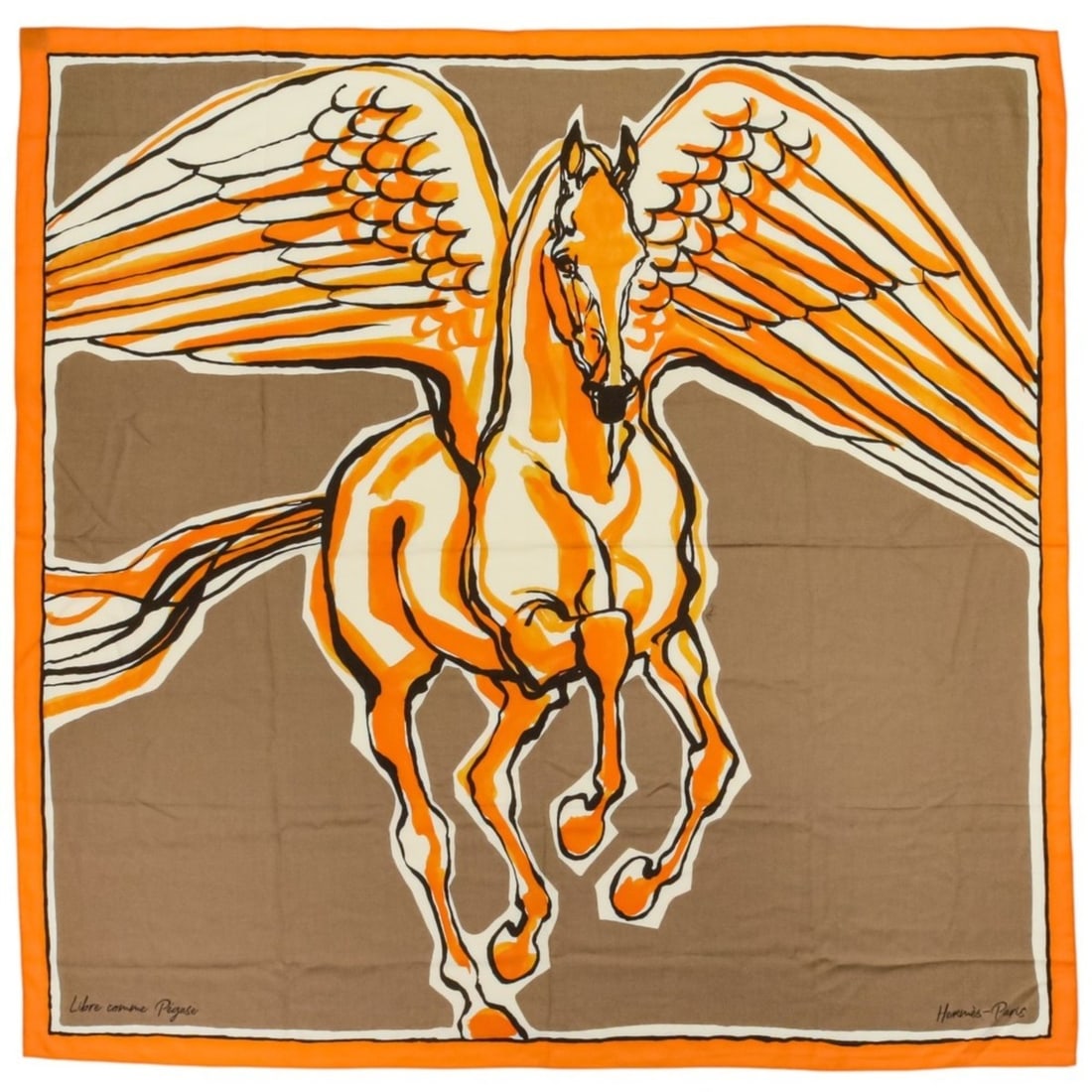 HERMES Libre comme Pegase Carre Geant 140 Cashmere Silk Shawl Stole Orange Brown Women's: --- Catalog ---Category: SizeSize (LxW): 1.35m x 1.35m / 53.14'' x 53.14''Category: DesignType: StoleColor: Brown, OrangeGender: WomenCategory: GeneralBrand: Hermes--- Item List ---Section: