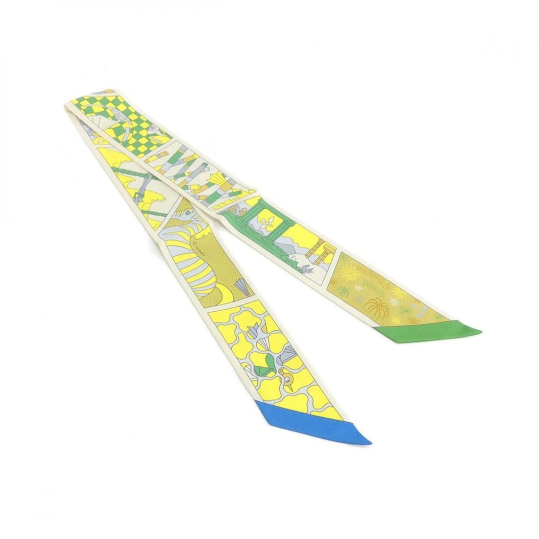 Hermes Factory Suite Twilly 063975S Scarf Muffler: --- Catalog ---Category: SizeSize (LxW): 5cm x 86cm / 1.96'' x 33.85''Category: DesignType: ScarfColor: Cream, YellowGender: Women,MenMaterial: Silk Category: GeneralMPN: 063975SBrand: Hermes--- Item