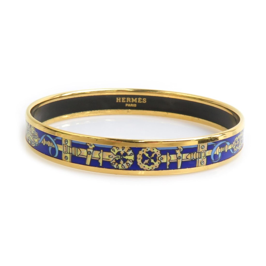 Hermes Hermès bangle bracelet in enamel, metal, gold, and blue. Free shipping. (e61596a): --- Catalog ---Category: SizeLength: 19cm / 7.48''Category: DesignType: BangleColor: Blue, GoldGender: WomenMaterial: Enamel, MetalCategory: GeneralBrand: HermesCountry of Origin: Austria--- Item List
