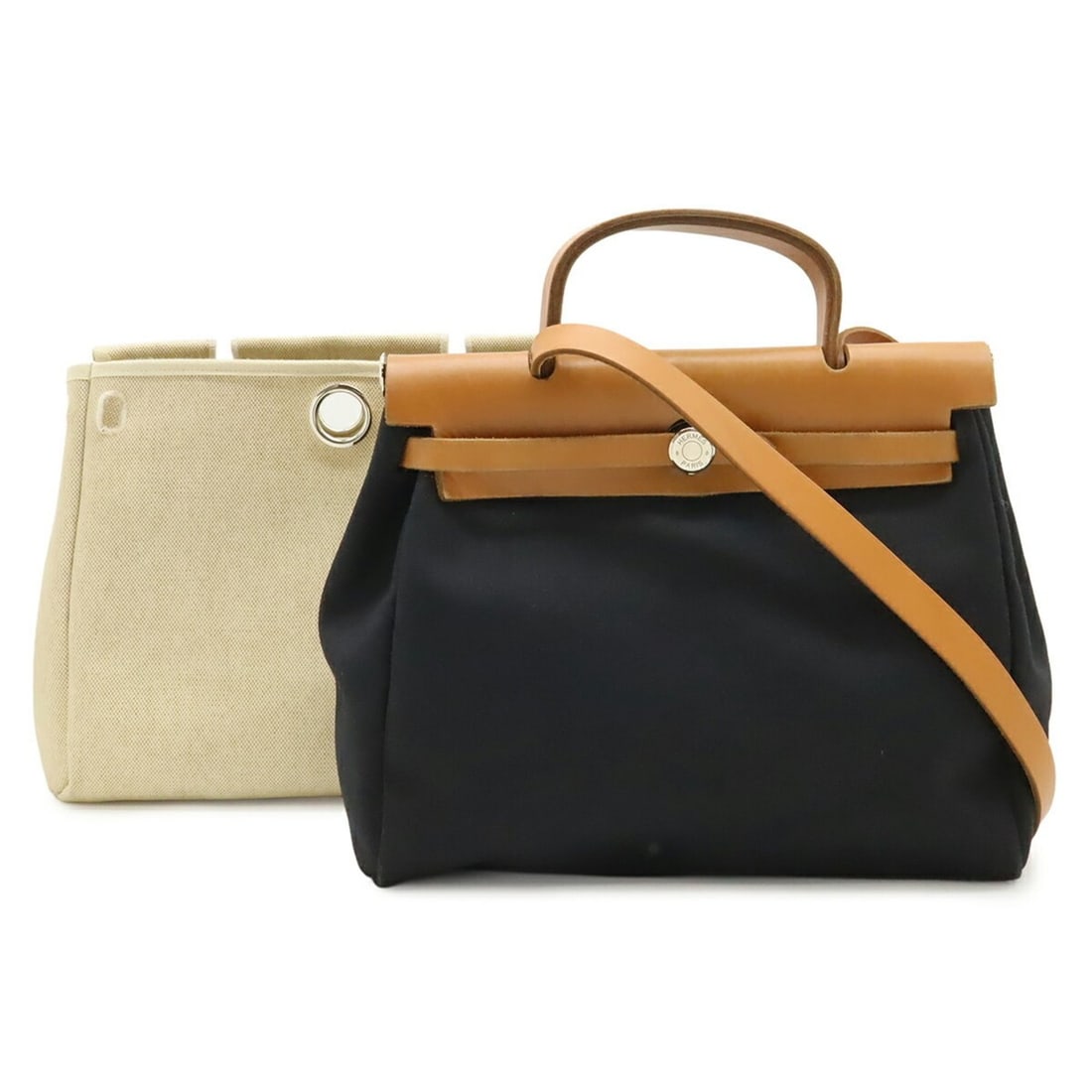 HERMES Hermès Airbag PM Backpack/Handbag, Toile Officier Leather, Natural, D Stamp: --- Catalog ---Category: SizeSize (HxWxD): 23cm x 29cm x 11cm / 9.05'' x 11.41'' x 4.33''Category: DesignType: Backpack, HandbagColor: Black, Light brown, NaturalGender: Women,MenMaterial: Toile offic
