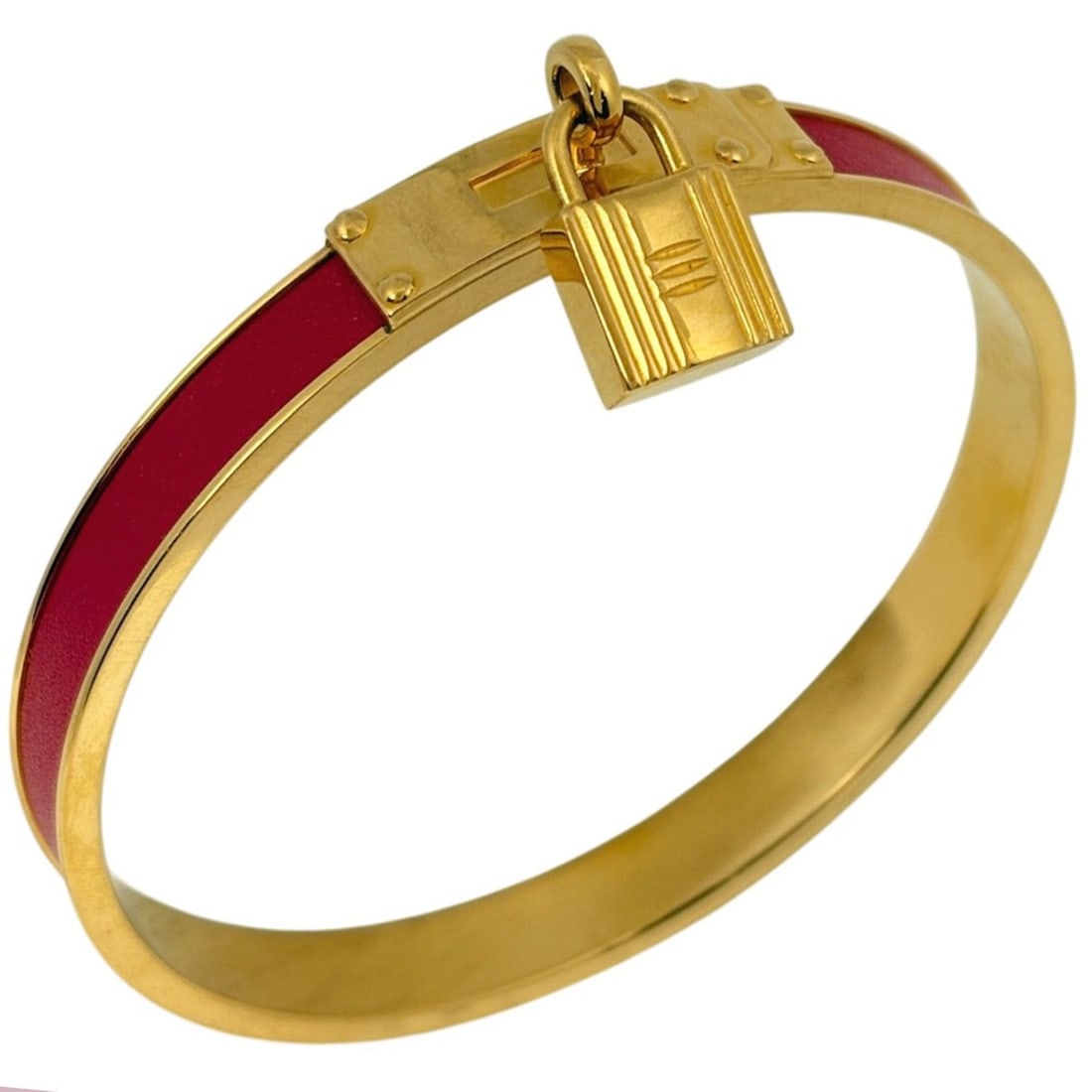 Hermes Hermès Kelly Bangle with Cadena GP Leather, Gold and Red, Women's: --- Catalog ---Category: SizeWidth: 7mm / 0.27''Length: 19.5cm / 7.67''Category: DesignType: BangleColor: Gold, Red colorFinish: Gold platedGender: WomenMaterial: LeatherCategory: GeneralLine: KellyBr