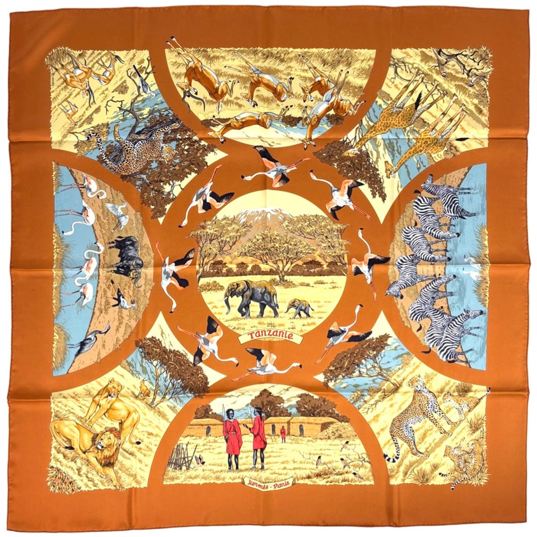 Hermes Hermès Carré 90 Tanzanie Silk Scarf in Brown Multicolor for Women: --- Catalog ---Category: SizeSize (LxW): 89cm x 89cm / 35.03'' x 35.03''Category: DesignType: ScarfColor: Brown, Multi-colorGender: WomenMaterial: Silk Category: GeneralBrand: Hermes--- Item List ---S