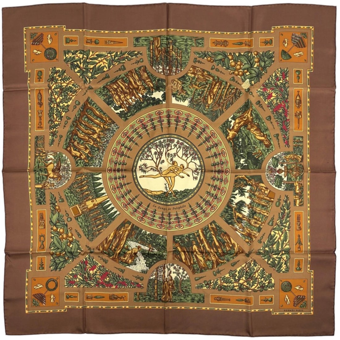 Hermes Hermès Carré 90 "Le Songe de Poliphile" Polyphile Dream Silk Scarf Brown Multicolor Women's: --- Catalog ---Category: SizeSize (LxW): 89cm x 88cm / 35.03'' x 34.64''Category: DesignType: ScarfColor: Brown, Multi-colorGender: WomenMaterial: Silk Category: GeneralBrand: Hermes--- Item List ---S