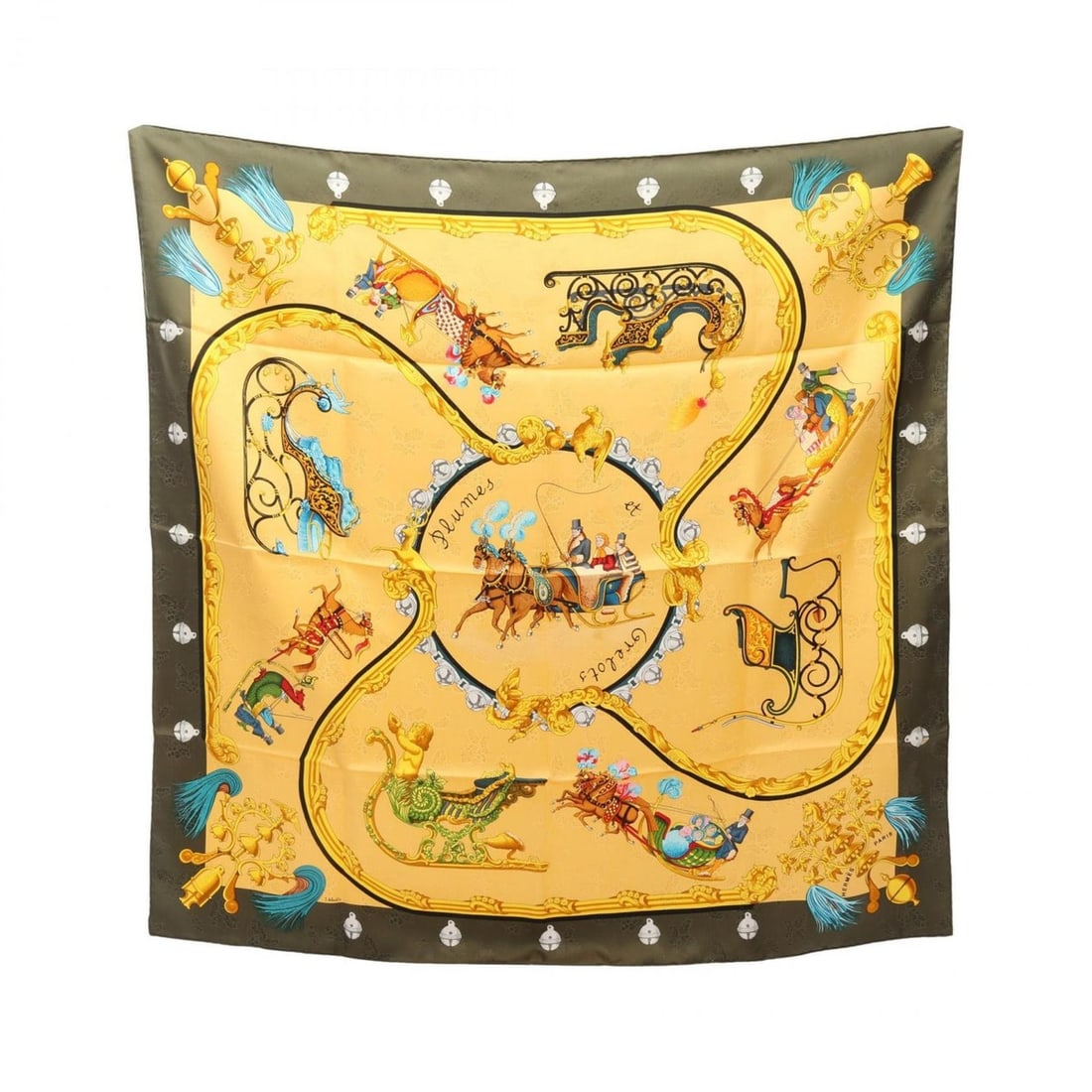 Hermes Hermès Carré 90 "Plumes et Grelots" Scarf, Silk, Women's, Yellow, Khaki, Multicolor: --- Catalog ---Category: SizeSize (LxW): 89cm x 89cm / 35.03'' x 35.03''Category: DesignType: ScarfColor: Khaki, Multi-color, YellowGender: WomenMaterial: Silk Category: GeneralBrand: Hermes--- Item