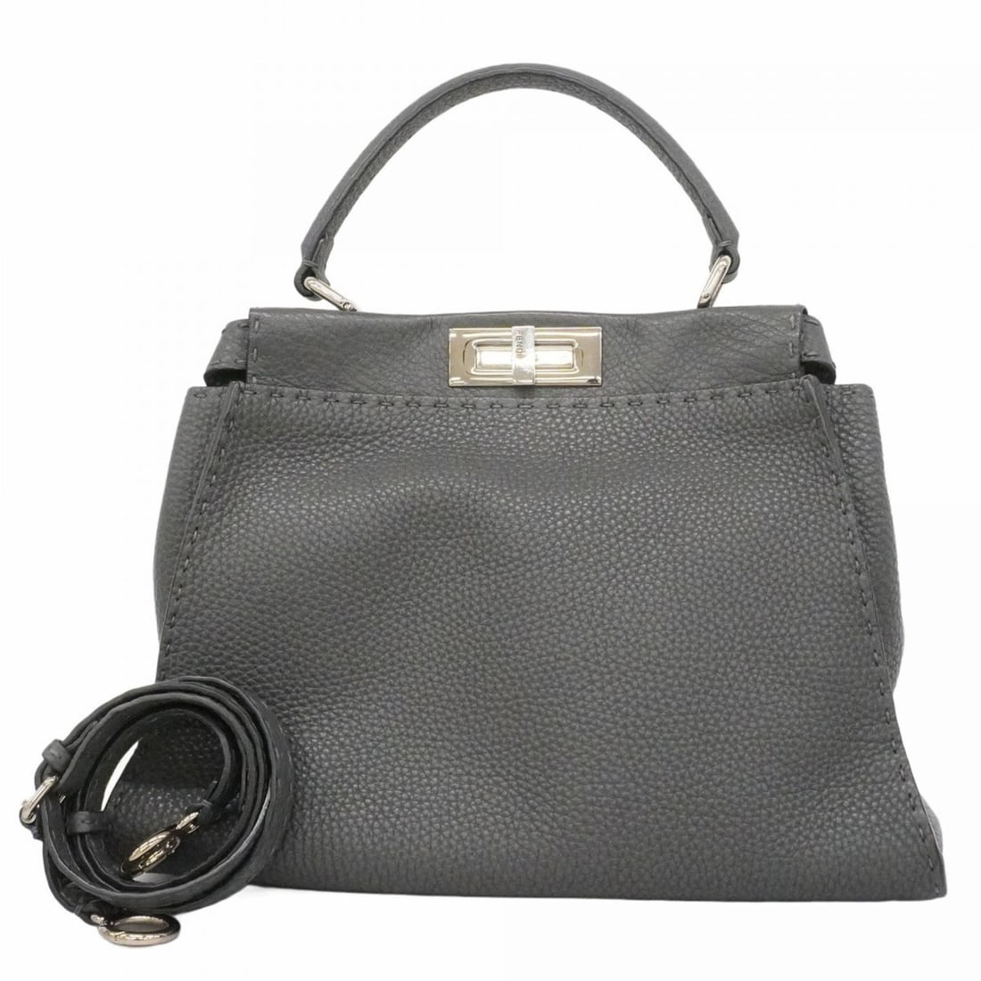 Fendi Selleria Peekaboo Leather Handbag, Dark Gray, 2-way Bag for Women: --- Catalog ---Category: SizeSize (HxWxD): 24cm x 34cm x 13cm / 9.44'' x 13.38'' x 5.11''Category: DesignType: HandbagColor: Dark grayGender: WomenMaterial: Leather Hardware Color: SilverCategory: Gen