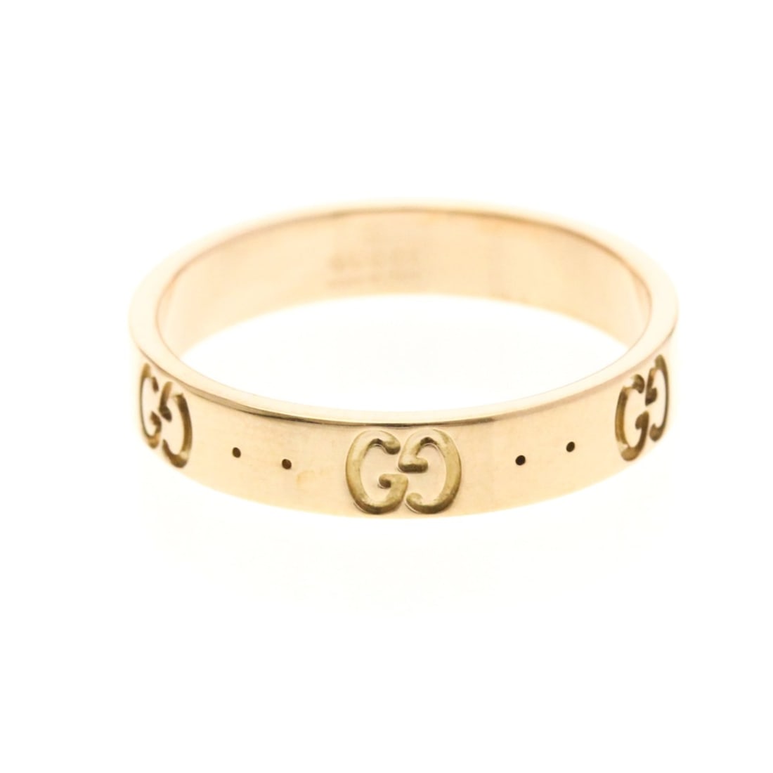 Gucci Icon Pink Gold (18K) Fashion No Stone Band Ring Pink Gold: --- Catalog ---Category: SizeWidth: 4mm / 0.16''Weight: 4g / 0.14oz.JP Size: 16US Size: 8Brand Size: 17Category: DesignType: Band ringColor: Pink goldMetal: GoldStone: No StoneStyle: FashionGender: Me