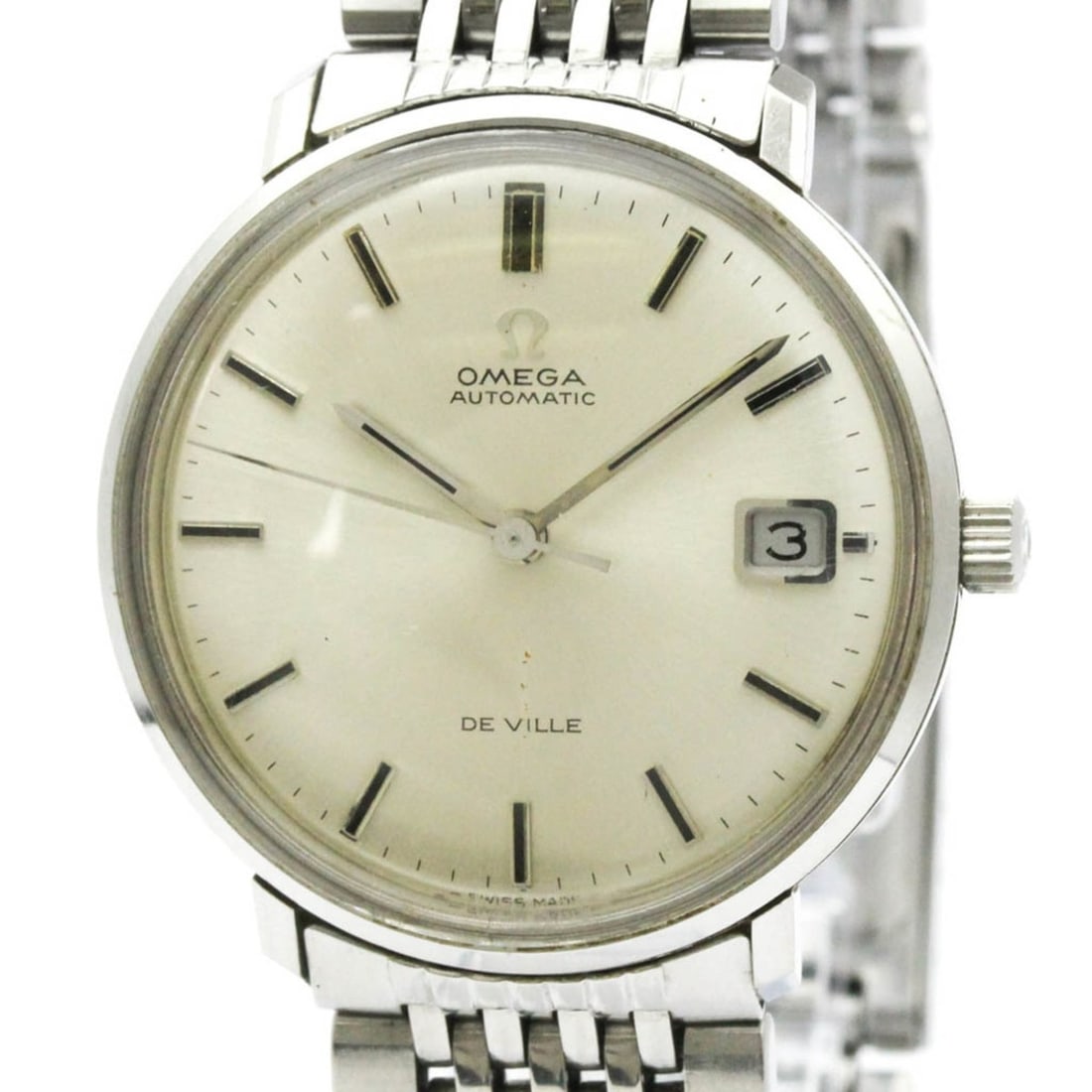 OMEGA De Ville Date Cal 565 Steel Automatic Mens Watch 166.033 Vintage: --- Catalog ---Category: SizeCase Diameter: 34mm / 1.34''Category: DesignType: WristwatchStyle: Dress/FormalGender: MenColor (Dial): SilverMaterial (Band): Stainless steelMaterial (Case): Stainless st