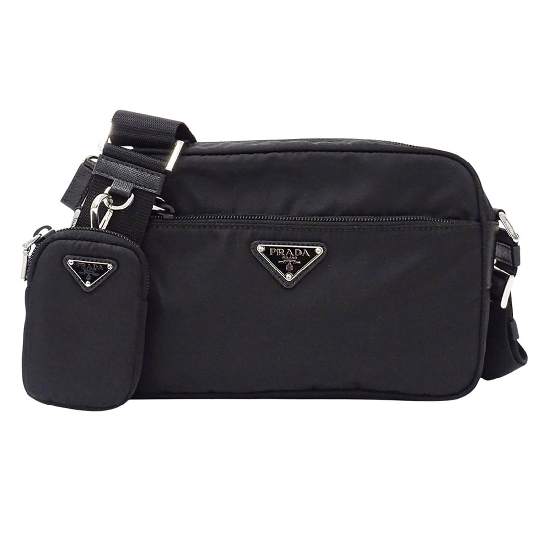 Prada handbag for women and men, brand name shoulder bag, nylon, black, 1BC167, with pouch, logo,: --- Catalog ---Category: SizeSize (HxWxD): 15cm x 23cm x 7.5cm / 5.9'' x 9.05'' x 2.95''Strap Length: 144cm / 56.69''Category: DesignType: Handbag, Shoulder bagColor: BlackGender: Men,WomenMaterial: N