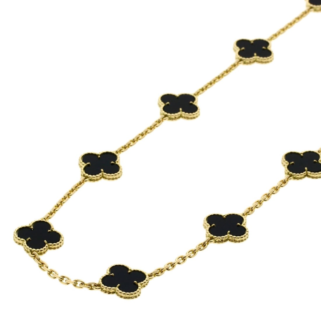 Van Cleef & Arpels Vintage Alhambra 20-Piece Onyx Necklace, 18K Yellow Gold, Women's: --- Catalog ---Category: SizeWeight: 46.8g / 1.65oz.Pendant Size: 14.8mm x 18.3mm / 0.58'' x 0.72''Neck Circumference: 80 cm / 31.49''Category: DesignColor: YellowMetal: GoldStone: OnyxGender: WomenMe