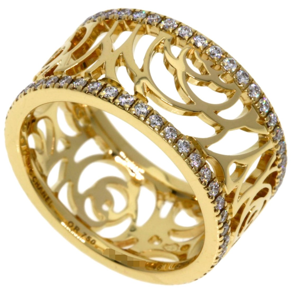 Chanel Camellia Diamond Ring #46, 18K Yellow Gold, Women's.: --- Catalog ---Category: SizeWidth: 8.9mm / 0.35''Weight: 4.2g / 0.14oz.JP Size: 6US Size: 3.5Category: DesignType: Band ringColor: YellowMetal: GoldStone: DiamondGender: WomenMetal Purity: 18KCategor