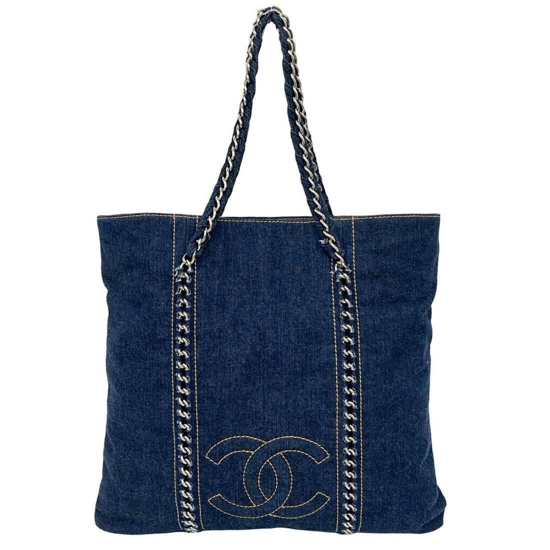 CHANEL Coco Mark Denim Chain Tote Bag Shoulder Handbag Blue 15718 (1 of 13)