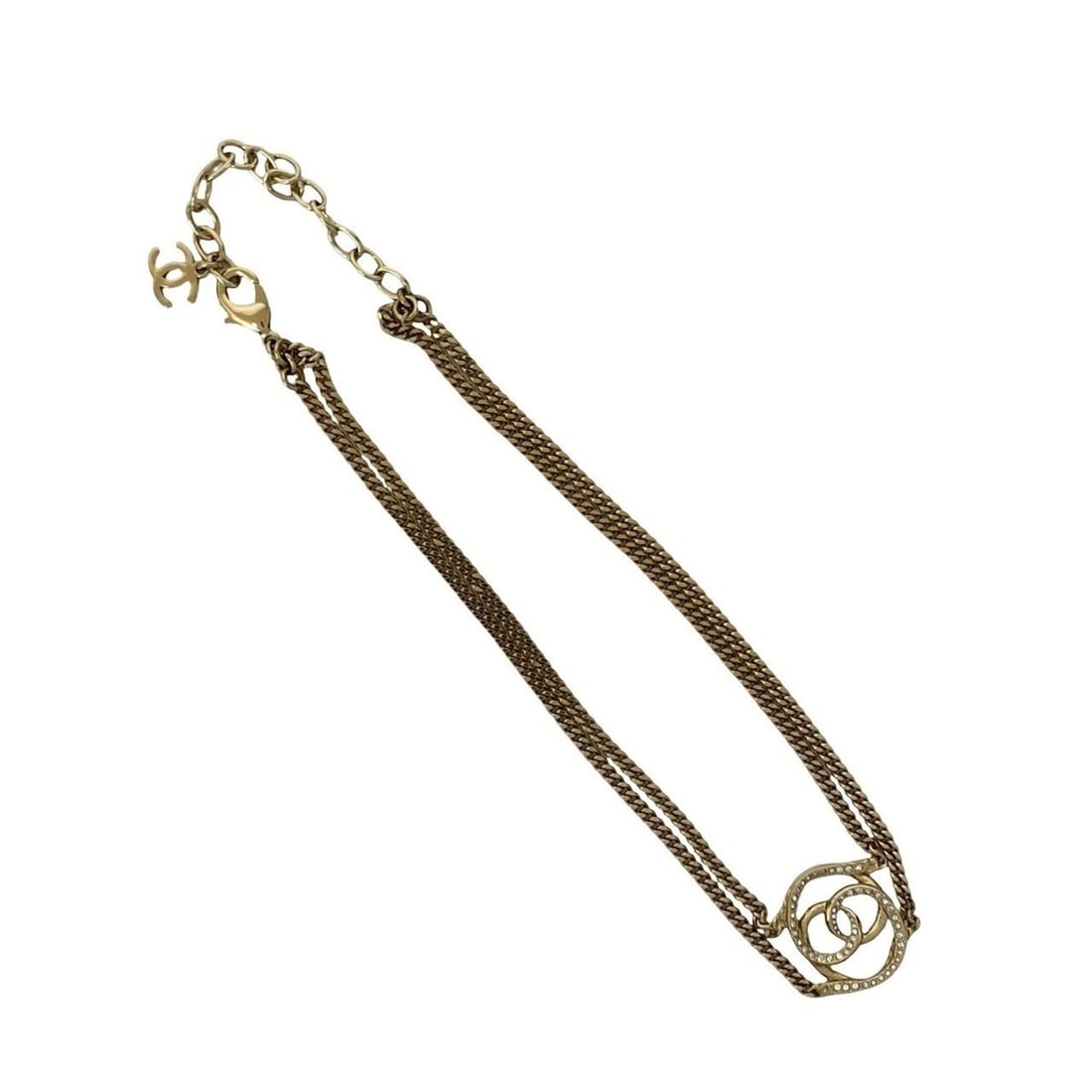 CHANEL Coco Mark Motif GP Rhinestone Necklace Pendant Gold 29084: --- Catalog ---Category: SizePendant Size: 22mm x 17mm / 0.86'' x 0.66''Neck Circumference: 40 cm / 15.74''Category: DesignColor: GoldGender: WomenMaterial: Gold plating, RhinestonePendant Type: Penda