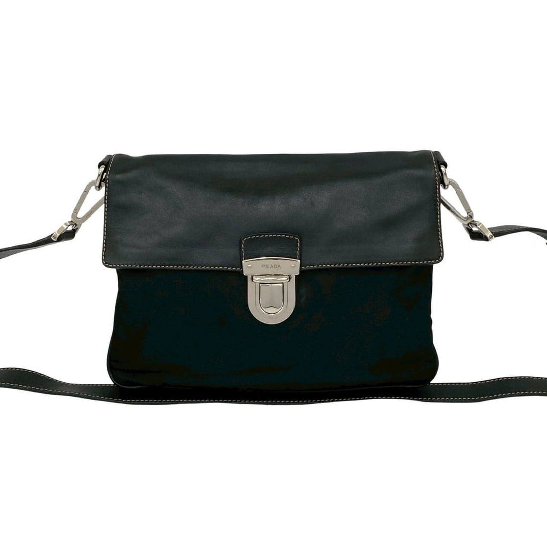 PRADA Triangle Logo Leather Tessuto Nylon Shoulder Bag/Sacoche/Pouch, Black, 84903: --- Catalog ---Category: SizeSize (HxWxD): 26cm x 26.5cm / 10.23'' x 10.43''Category: DesignType: Pochette, Shoulder bagColor: BlackGender: WomenMaterial: Leather , Nylon Category: GeneralBrand: Prada