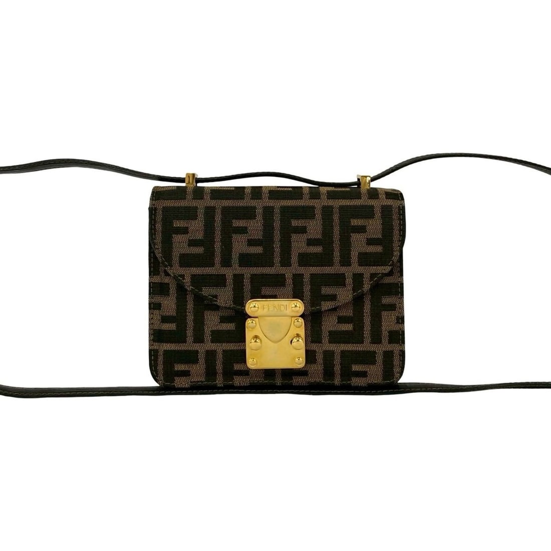 FENDI Zucca FF pattern canvas and leather shoulder bag/semi-shoulder bag/pouch, brown/black, item: --- Catalog ---Category: SizeSize (HxWxD): 13cm x 16.5cm x 5cm / 5.11'' x 6.49'' x 1.96''Category: DesignType: Pochette, Shoulder bagColor: Black, BrownGender: WomenMaterial: Canvas , Leather Category