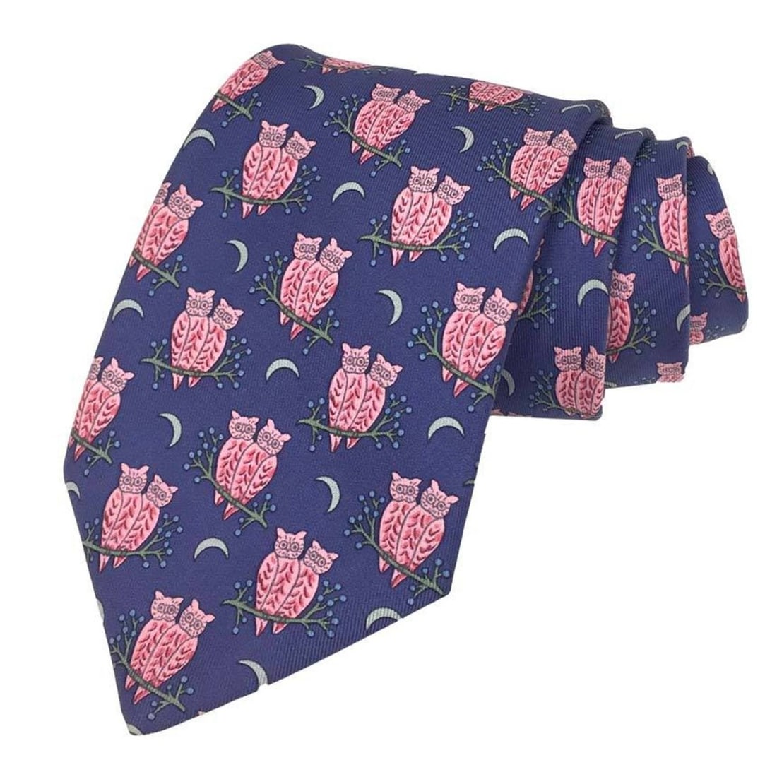 Hermes tie, owl and crescent moon design, 100% silk, blue, men's.: --- Catalog ---Category: SizeWidth: 8.5cm / 3.34''Category: DesignType: CravatColor: BlueGender: MenMaterial: Silk Category: GeneralBrand: HermesCountry of Origin: France--- Item List ---Section: Cond