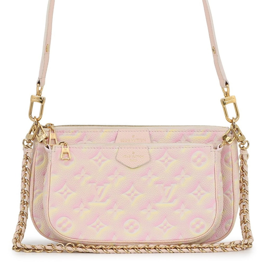 Louis Vuitton Shoulder Bag Monogram Empreinte Summer Stardust Multi Pochette Accessoires M46093: --- Catalog ---Category: SizeSize (HxWxD): 14.5cm x 24.5cm x 4cm / 5.7'' x 9.64'' x 1.57''Category: DesignType: Handbag, Pochette, Pouch, Shoulder bagColor: Pink, YellowGender: WomenMaterial: Monogram