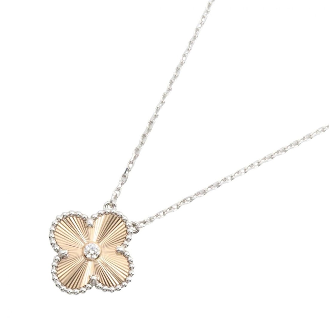 Van Cleef & Arpels Vintage Alhambra Guilloche 1PD Necklace, 18KWG (White Gold), 18KPG (Pink Diamond,: --- Catalog ---Category: SizePendant Size: 15mm x 15mm / 0.59'' x 0.59''Neck Circumference: 37 cm - 41.5 cm / 14.56'' - 16.33''Category: DesignColor: Clear, Gold, SilverGender: WomenMaterial: Pink gol