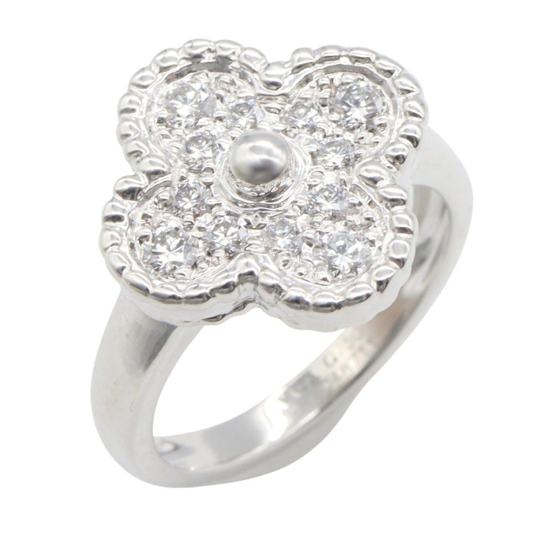 Van Cleef & Arpels Vintage Alhambra Diamond Ring - 18K White Gold (18KWG) Women's Silver/Clear Tone: --- Catalog ---Category: SizeJP Size: 7.5US Size: 4Category: DesignType: Band ringColor: Clear, SilverGender: WomenMaterial: White gold (18K)Category: GeneralLine: Vintage AlhambraBrand: Van Cleef & A