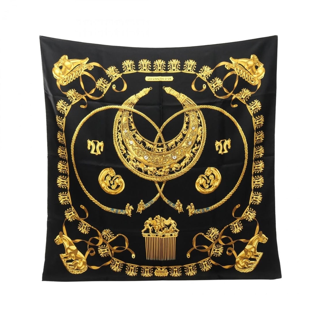 Hermes Carre 90 Les Cavaliers D'Or Scarf/Muffler, Silk, Women's, Black/Yellow: --- Catalog ---Category: SizeSize (LxW): 89cm x 89cm / 35.03'' x 35.03''Category: DesignType: ScarfColor: Black, YellowGender: WomenMaterial: Silk Category: GeneralBrand: Hermes--- Item List ---Sectio
