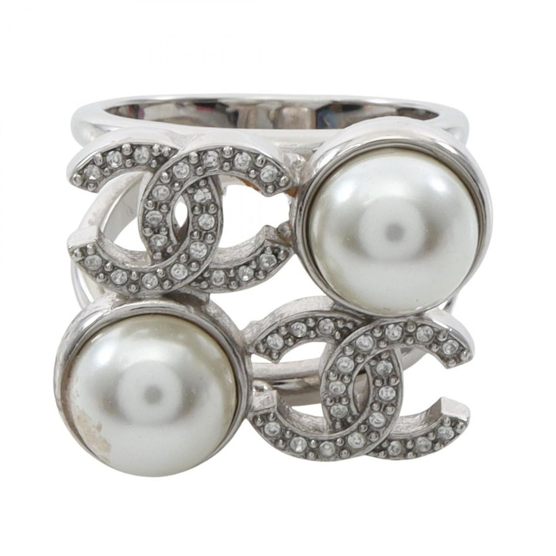 Chanel Coco Mark Ring - Stainless Steel, Faux Pearl, Rhinestone Women's Silver, White, Clear: --- Catalog ---Category: SizeJP Size: 12US Size: 6.5Category: DesignType: Band ringColor: Clear, Silver, WhiteGender: WomenMaterial: Artificial pearl, Rhinestone, Stainless steelCategory: GeneralBrand
