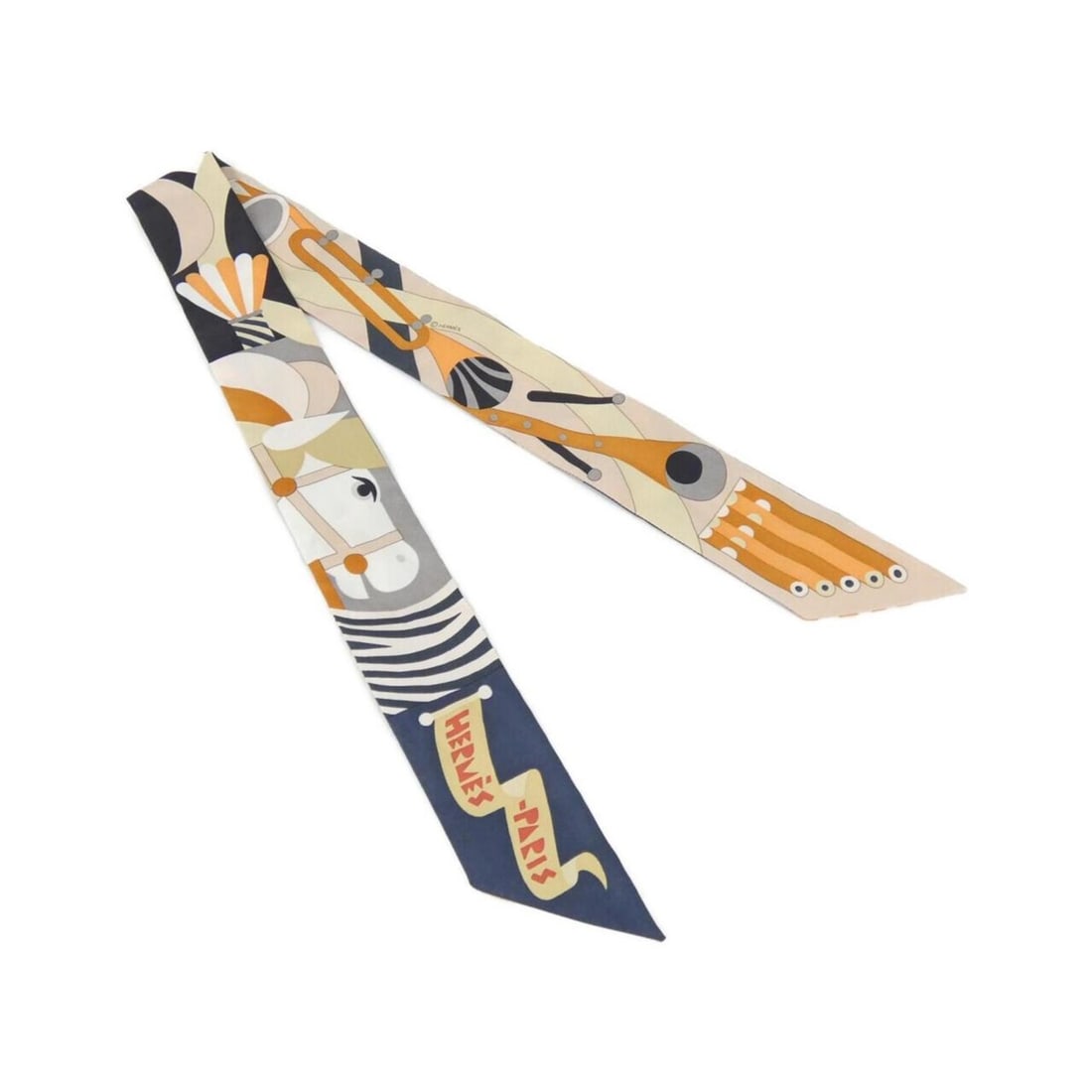 Hermes PARADE EN FANFARE Twilly 064006S Scarf Muffler: --- Catalog ---Category: SizeSize (LxW): 5cm x 86cm / 1.96'' x 33.85''Category: DesignType: ScarfColor: BeigeGender: WomenMaterial: Silk Category: GeneralMPN: 064006SBrand: Hermes--- Item List ---Sect