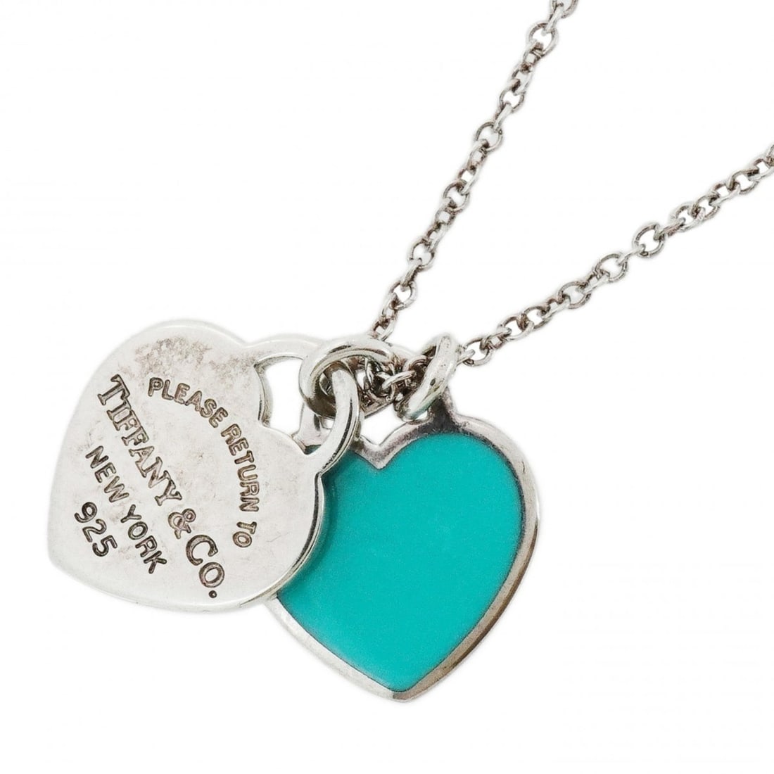 Tiffany & Co. Double Return to Heart Necklace, Sterling Silver 925, Blue, Women's: --- Catalog ---Category: SizePendant Size: 13.5mm x 12.7mm / 0.53'' x 0.49''Neck Circumference: 41 cm / 16.14''Category: DesignColor: BlueGender: WomenMaterial: Silver 925Necklace Type: NecklaceCatego