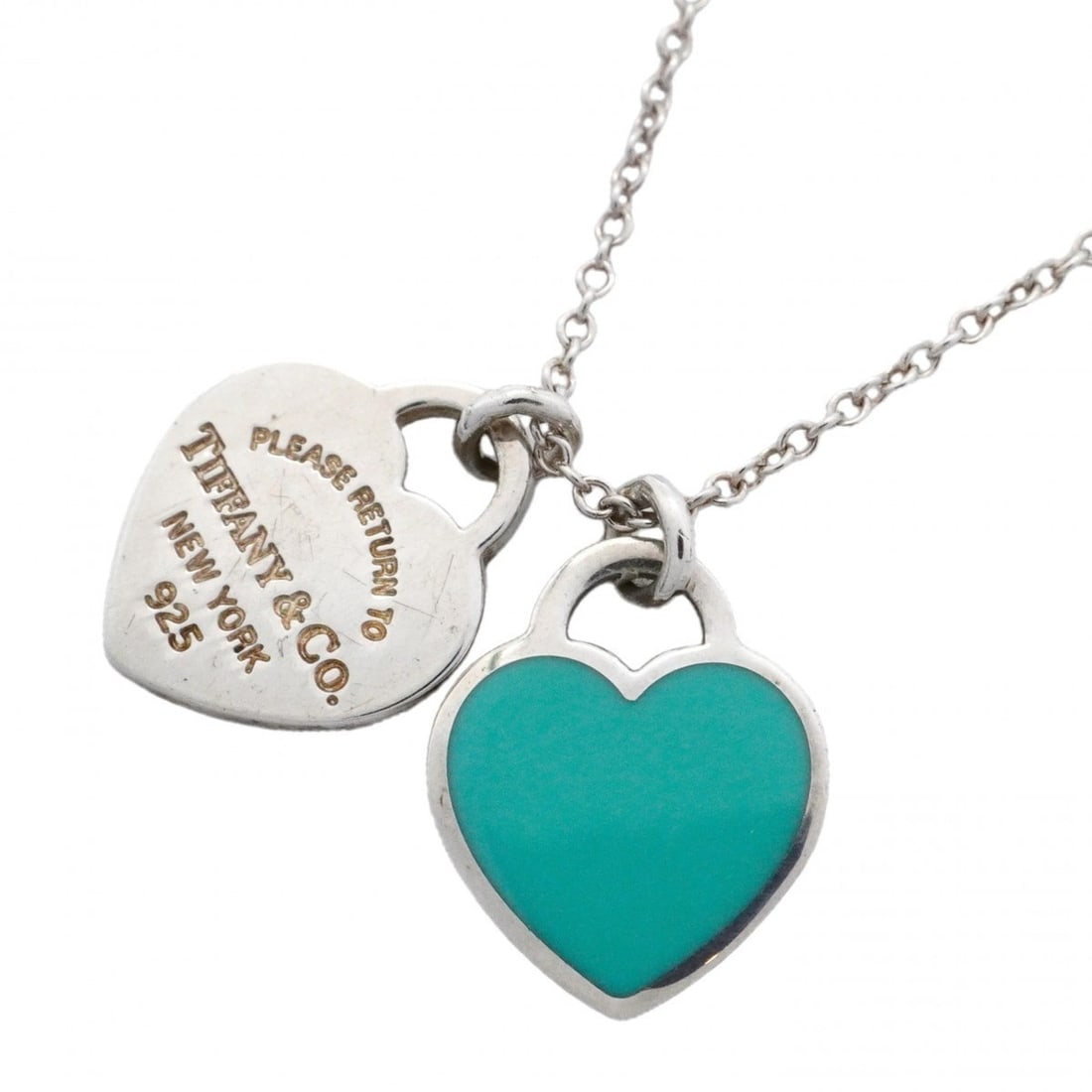 Tiffany & Co. Double Return to Heart Necklace, Sterling Silver 925, Blue, Women's: --- Catalog ---Category: SizePendant Size: 13.7mm x 12.4mm / 0.53'' x 0.48''Neck Circumference: 41 cm / 16.14''Category: DesignColor: BlueGender: WomenMaterial: Silver 925Necklace Type: NecklaceCatego