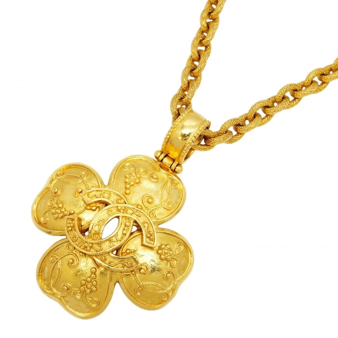 Chanel Necklace, Coco Mark Clover Motif, GP Plated Gold, Women's: --- Catalog ---Category: SizePendant Size: 66mm x 48mm / 2.59'' x 1.88''Neck Circumference: 60 cm / 23.62''Category: DesignColor: GoldGender: WomenMaterial: Gold platingNecklace Type: NecklaceCategory