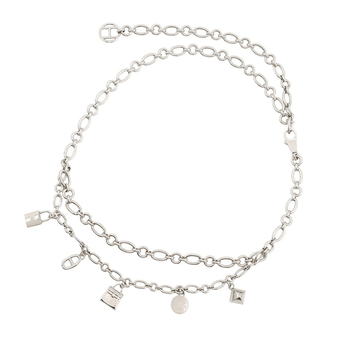 Hermes chain belt Olga Cadena Chaine d'Ancre Kelly Sellier Medor HERMES: --- Catalog ---Category: SizeWidth: 1.9cm / 0.74''Length: 105cm / 41.33''Category: DesignType: Chain beltColor: SilverGender: WomenCategory: GeneralLine: KellyBrand: HermesCountry of Origin: France---