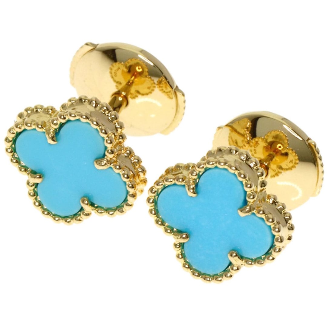 Van Cleef & Arpels Sweet Alhabra Turquoise Earrings, 18K Yellow Gold, Women's: --- Catalog ---Category: SizeSize (HxWxD): 7.70mm x 7.70mm x 2.30mm / 0.30'' x 0.30'' x 0.09''Category: DesignType: Stud earringsGender: WomenMaterial: Yellow gold (18K)Category: GeneralBrand: Van Cle